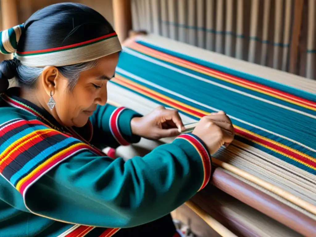 Artesana Mapuche tejiendo patrones en telar mapuche, en armonía con la naturaleza chilena