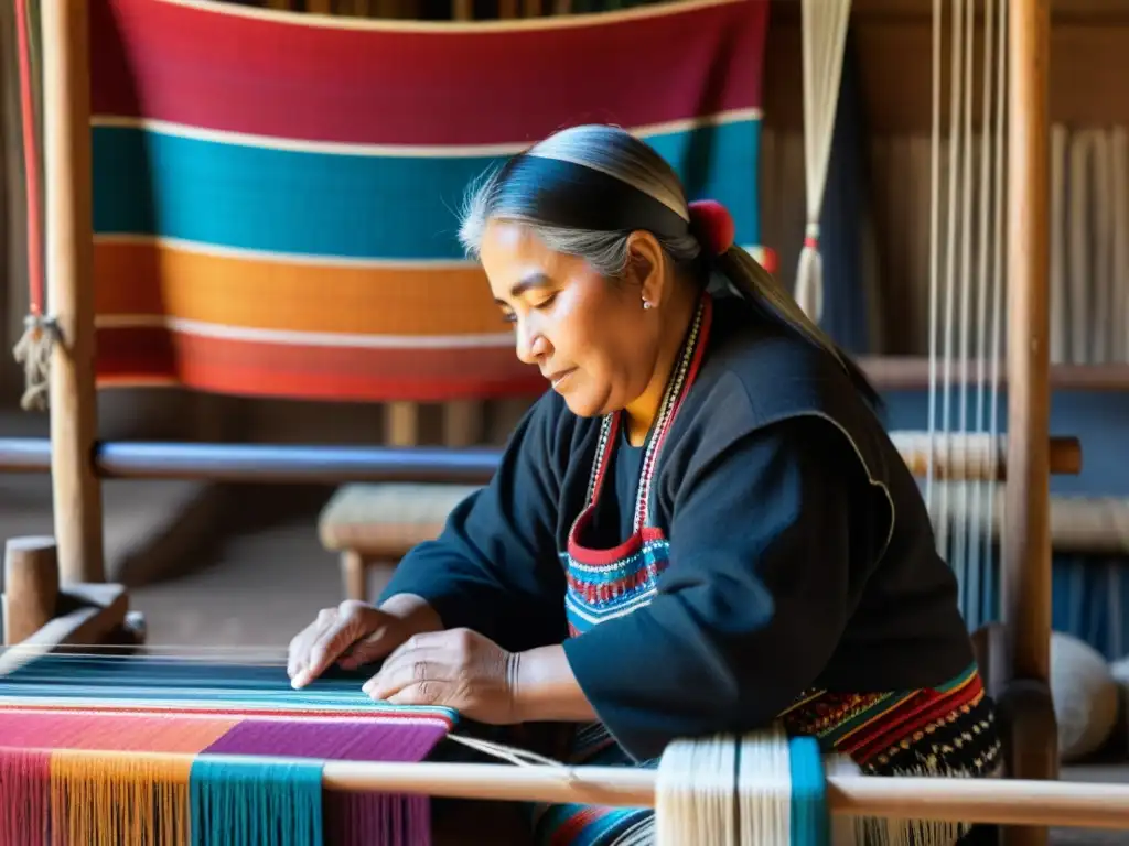 Artesana Mapuche tejiendo en telar, rodeada de hilos coloridos en un taller cálido