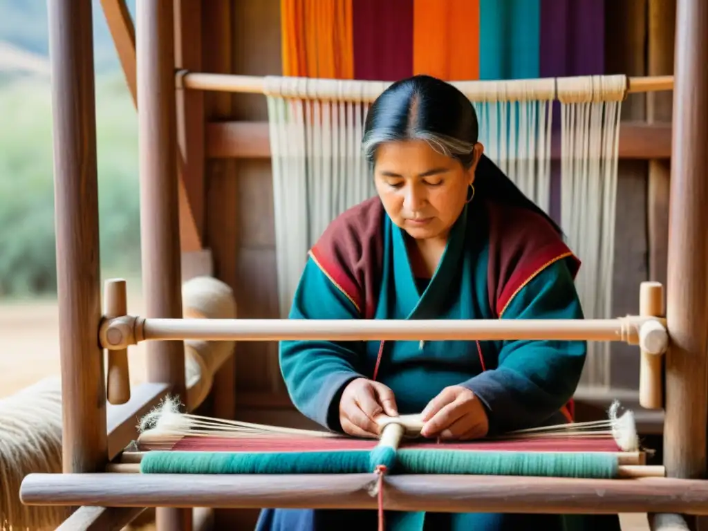 Artesana mapuche tejiendo en telar tradicional, con lanas vibrantes y patrones simbólicos, reflejando la identidad y resistencia cultural