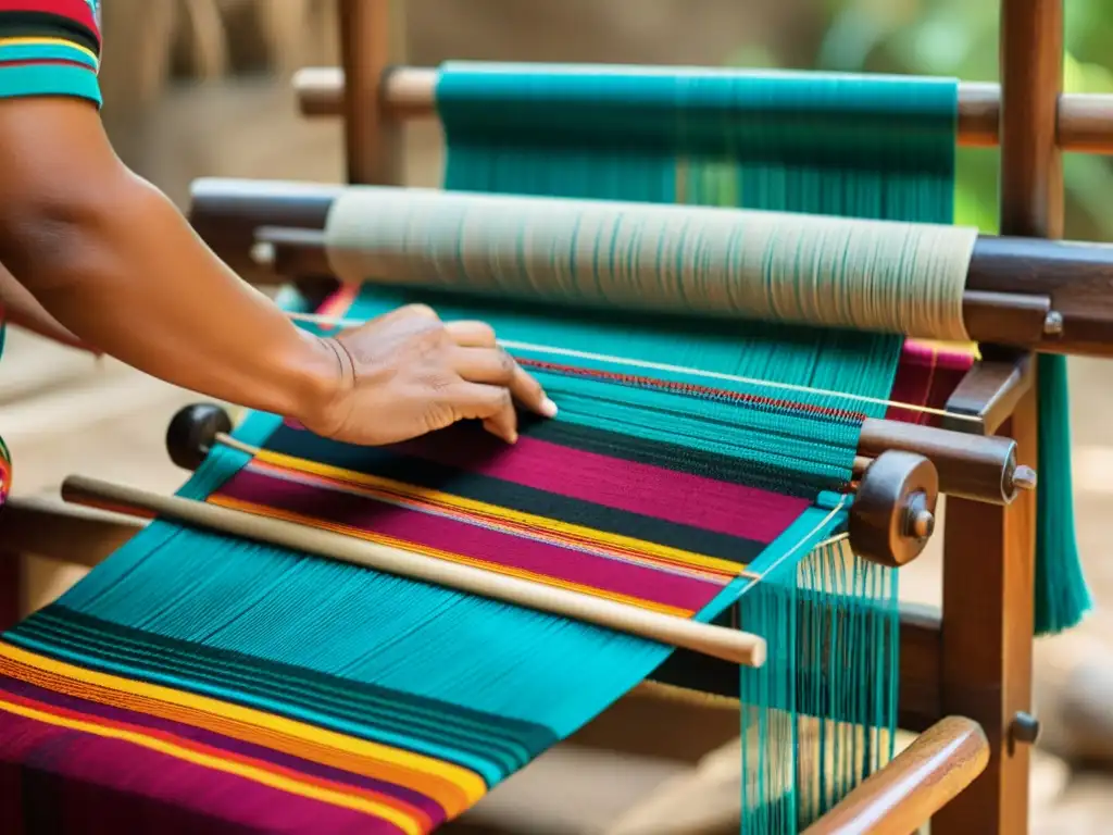 Una artesana maya teje con destreza una colorida vestimenta tradicional, resaltando las costumbres y la rica tradición cultural