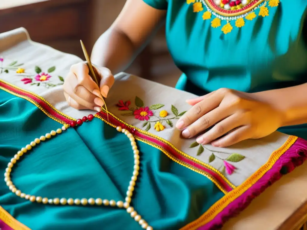 Bordado artesanal: Tradición y color en alta costura Una hábil artesana borda meticulosamente moda étnica para el día a día, con hilos coloridos y cuentas delicadas esparcidos por la mesa de trabajo
