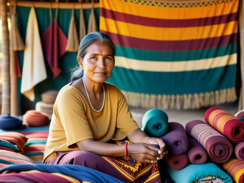 Artesana de moda étnica en la industria, elaborando prendas coloridas con telas tejidas a mano en comunidad indígena