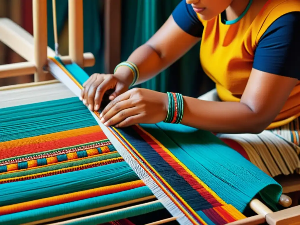 Tejedora experta crea patrones vibrantes en telar tradicional Una artesana teje patrones intrincados en un telar tradicional, mostrando la belleza de la moda étnica para el día a día