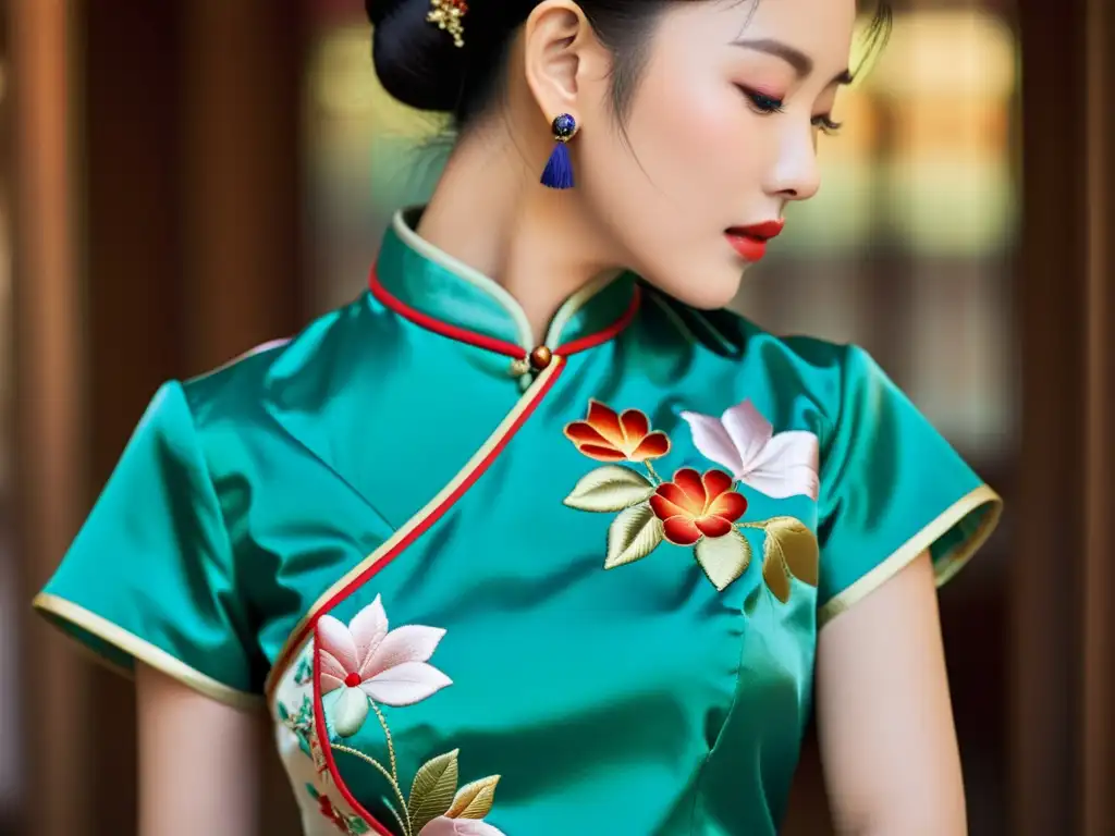 Una artesana borda meticulosamente un qipao tradicional, mostrando la evolución del qipao en la moda china con detalles y colores vibrantes