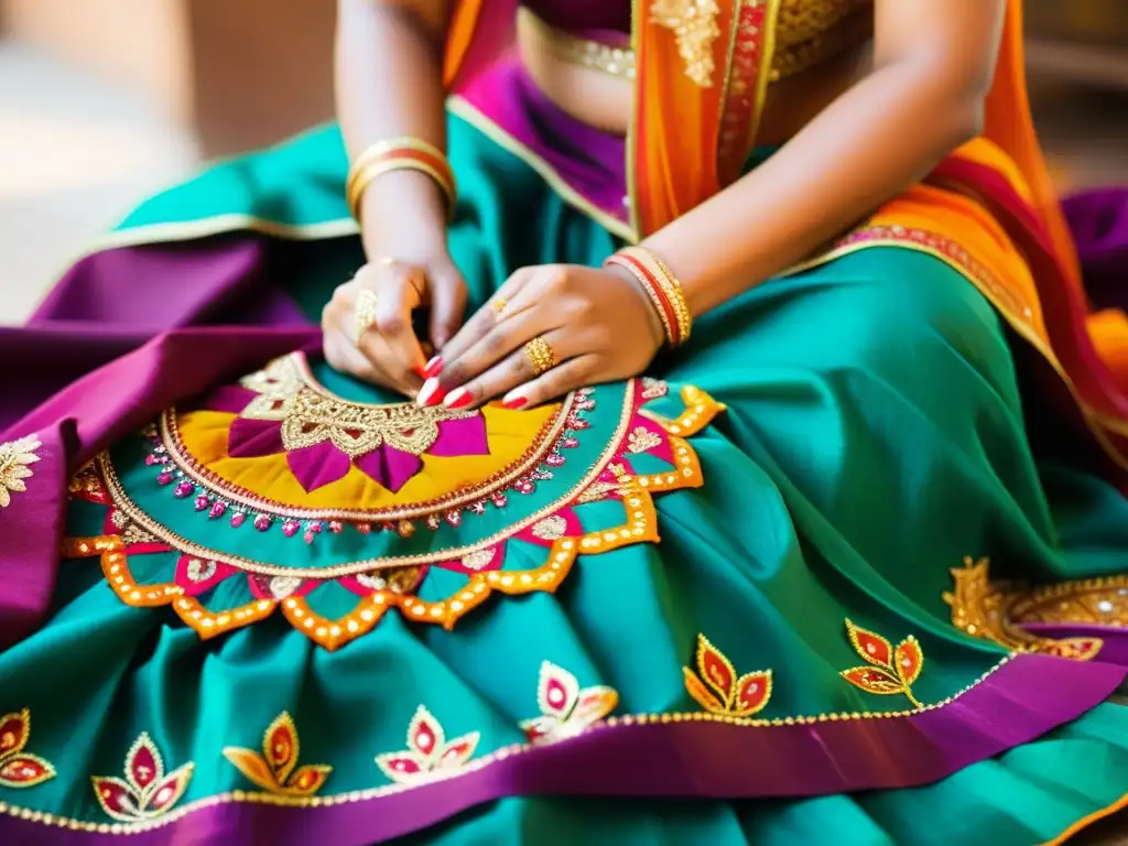 Artesana rural india bordando un Ghagra Choli con habilidad y precisión, capturando la esencia de la danza Ghagra Choli India rural