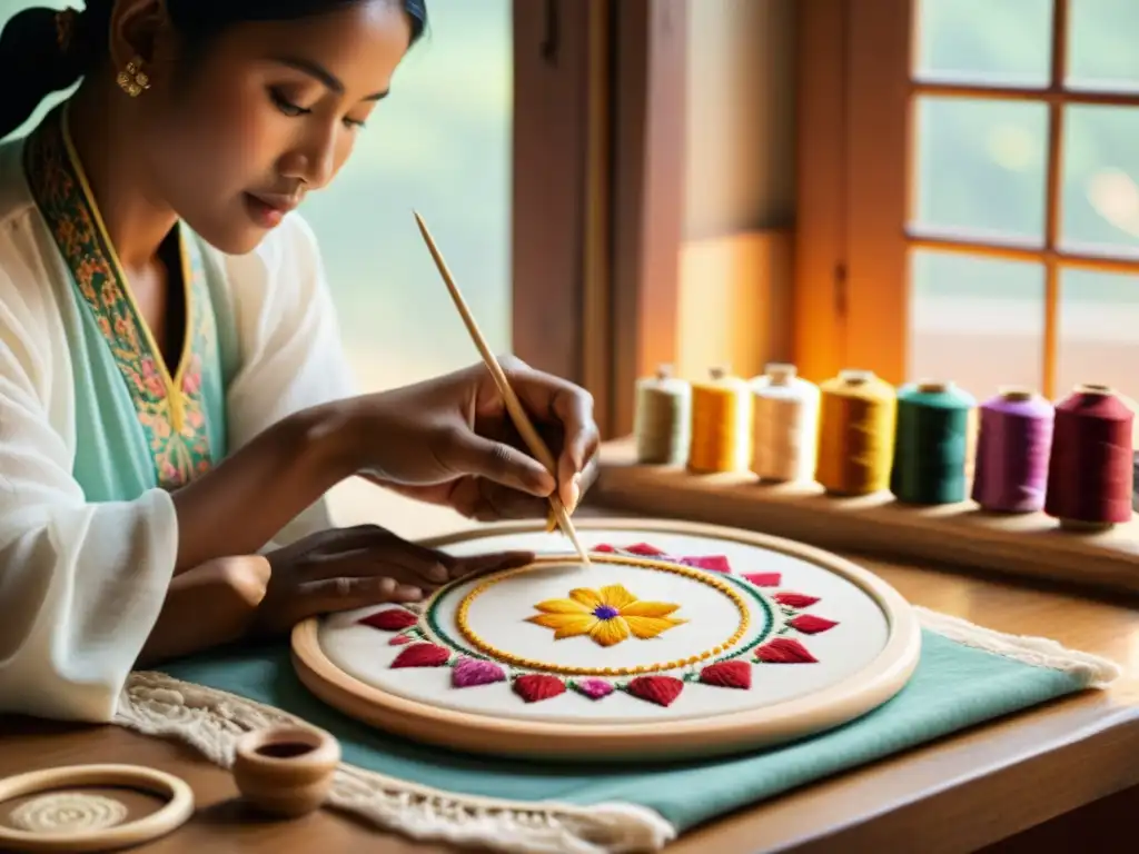 Artesana realiza técnica antigua de bordado en danza, rodeada de hilos y aros de bordado, con luz natural iluminando su concentración