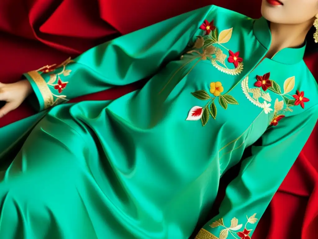 Una artesana vietnamita borda con esmero un Ao Dai, destacando la rica simbología y significado cultural del traje vietnamita