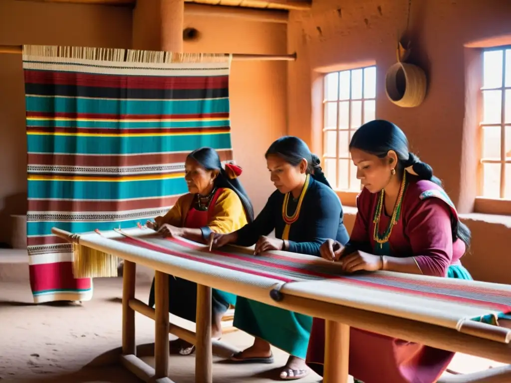 Artesanas indígenas tejiendo moda étnica en un taller de adobe con orgullo y destreza