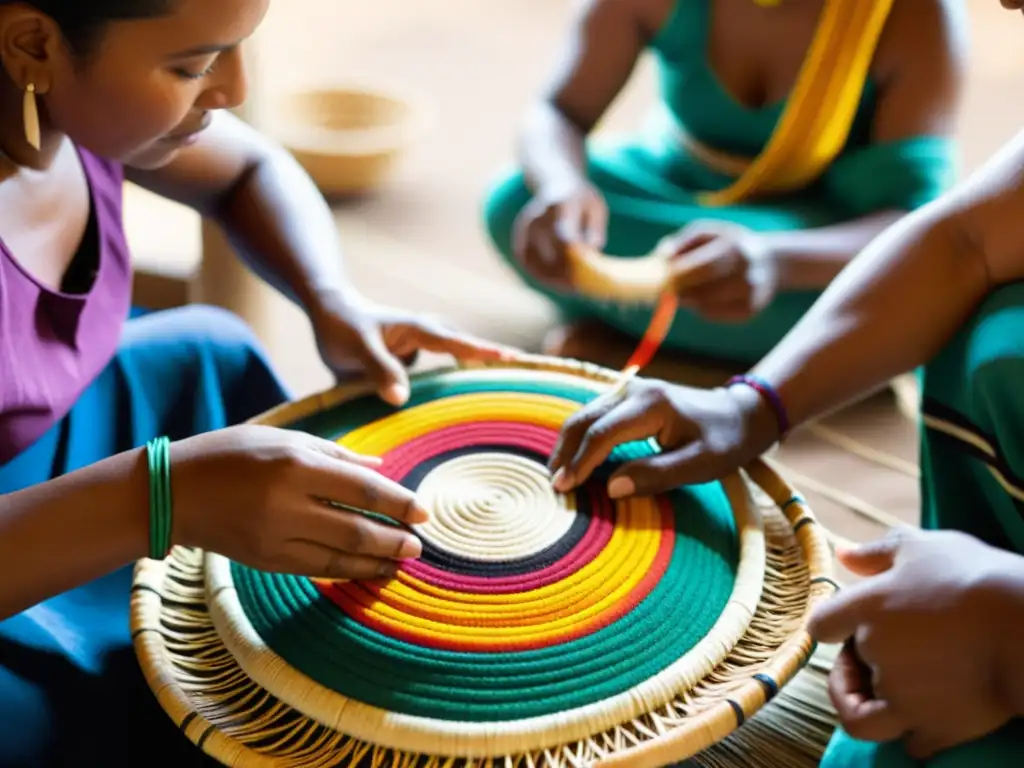 Artesanas indígenas tejen cestería en un taller tradicional, rodeadas de colores y materiales naturales, mostrando destreza y cultura