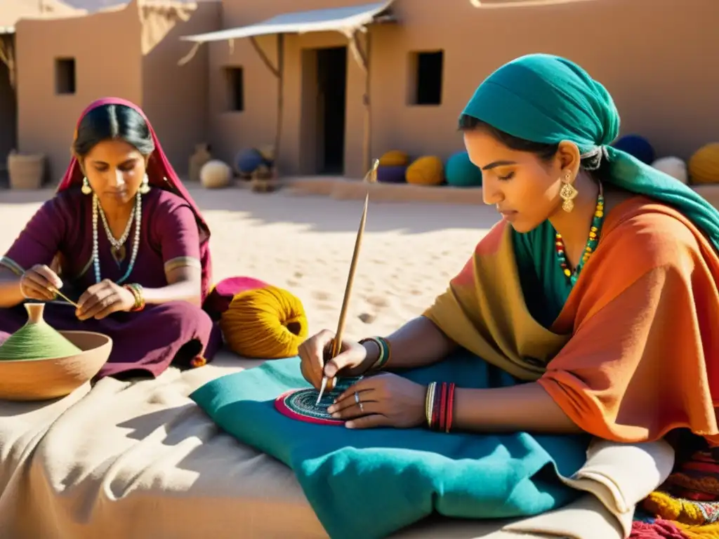 Artesanas nómadas bordando en oasis desértico, inspiración de culturas itinerantes moda