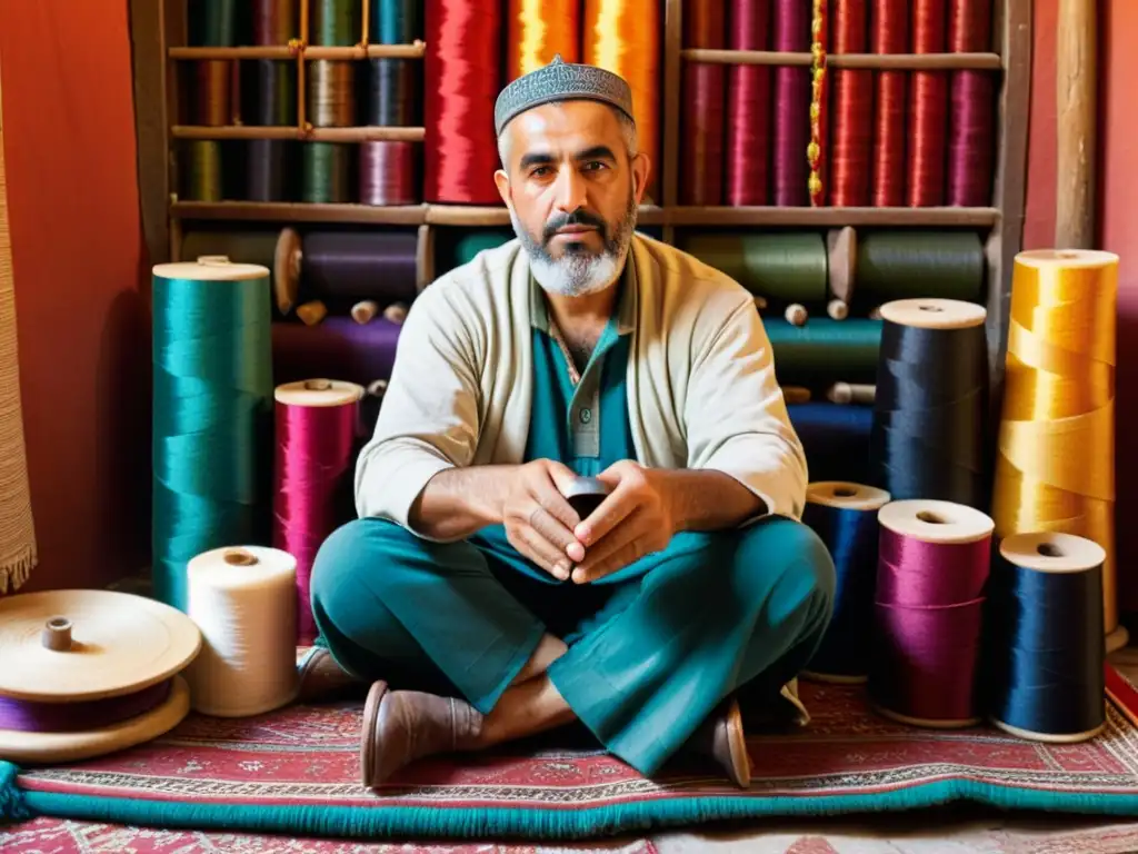 Artesanía en Marruecos Fez: Hábil artesano tejiendo una hermosa tapicería en un ambiente cálido y colorido en Fez, Marruecos