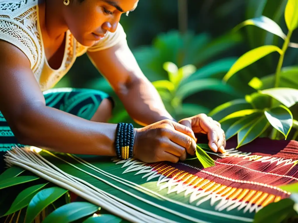 Artesanía polinesia auténtica global: artesano polinesio tejiendo tapa cloth con tintes naturales en un exuberante paisaje tropical