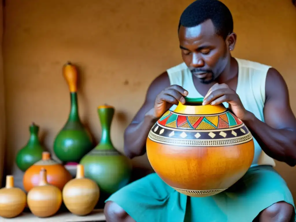 Artesanía de calabaza africana: Artesanos africanos tallan calabazas con habilidad y tradición, creando obras de arte vibrantes y detalladas