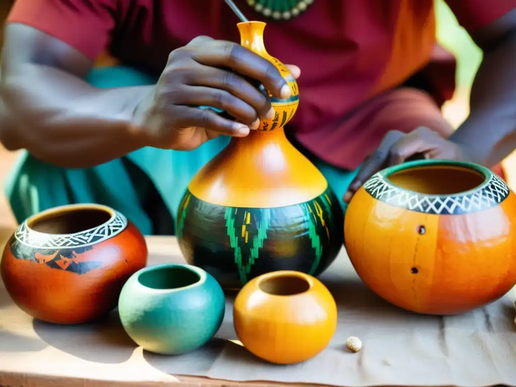 Artesanía de calabaza africana: Artesanos africanos tallando y pintando calabazas con símbolos tradicionales en vibrante celebración cultural