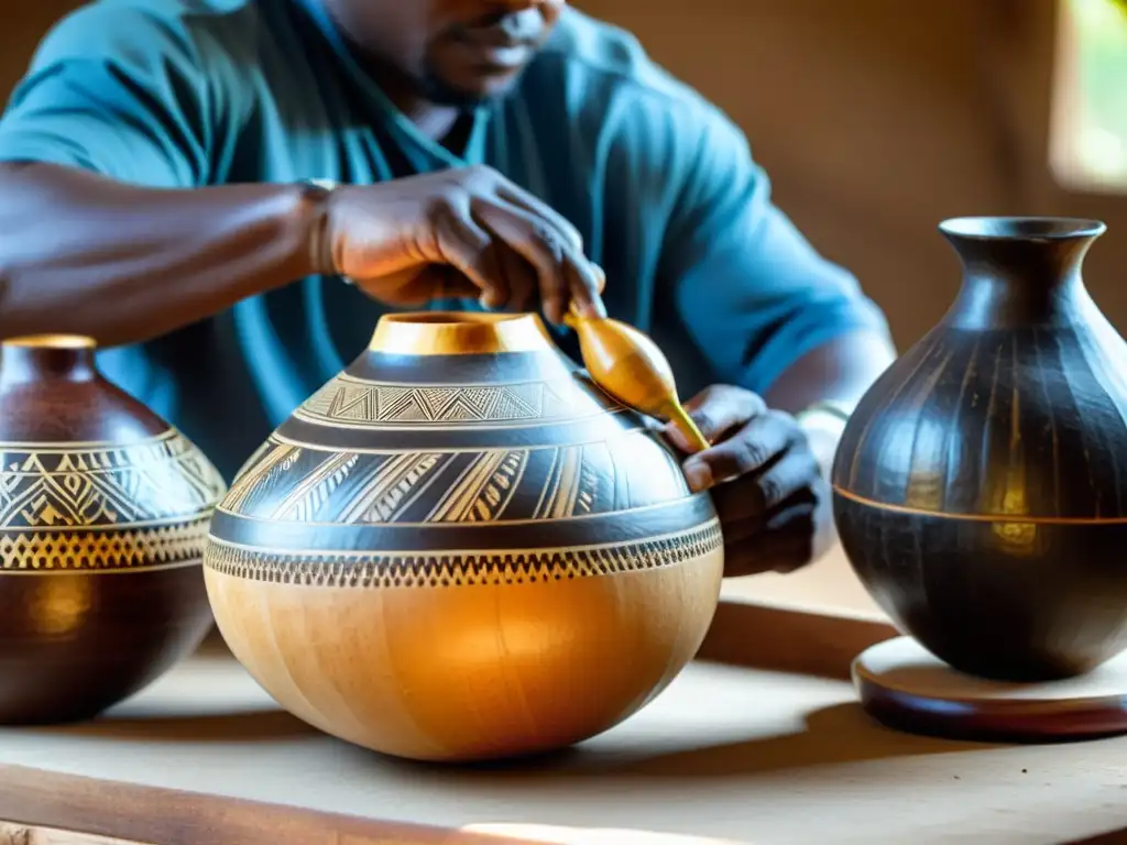 Artesanía de calabaza africana: Hábiles artesanos africanos tallando y decorando con detalle calabazas, con luz cálida filtrándose en el taller