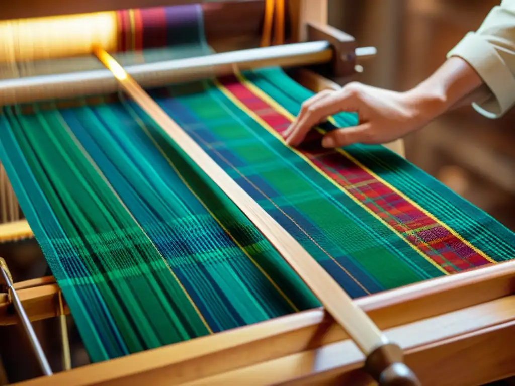 Tejido artesanal de tartán escocés en telar de madera Artesanía escocesa en telar: manos expertas tejen un diseño de moda inspirado en Escocia con vibrantes colores y patrones intrincados