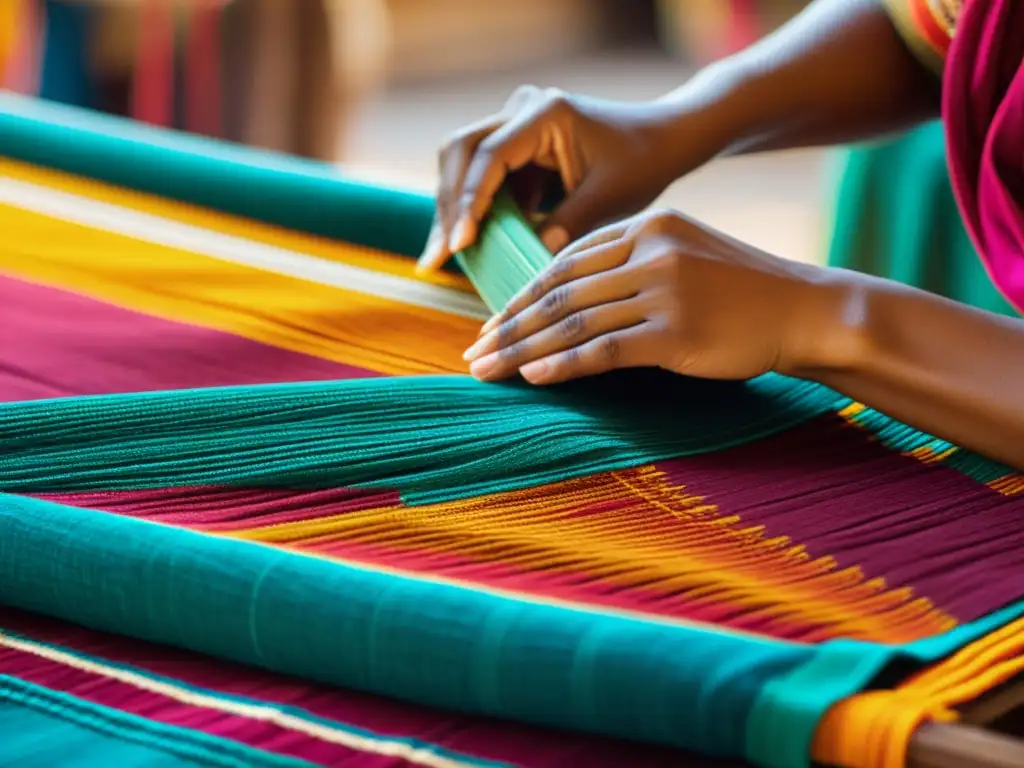 Artesanía de telas exóticas en ceremonias y festivales, tejidas con patrones tradicionales en un bullicioso mercado