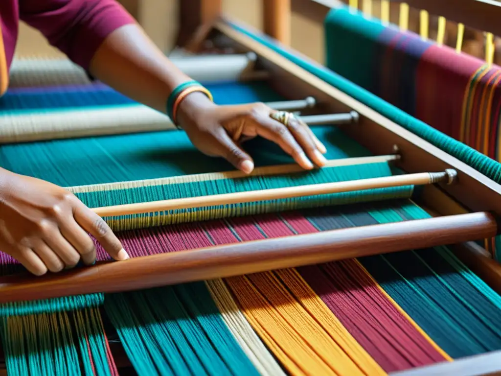 Artesanía textil: manos habilidosas entrelazan hilos de colores en telar tradicional, inspirando a diseñadores paleta colores étnicas