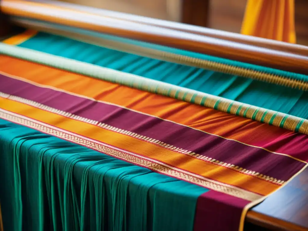 Artesanía tradicional de la India: sari tejido a mano en telar de madera, fusionando moda india con tendencias occidentales