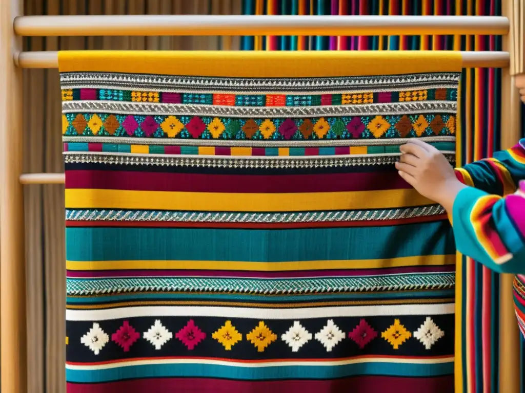 Artesanías del mundo colección: Detalle de tejido peruano, reflejando la rica tradición artesanal y colores vibrantes de los Andes