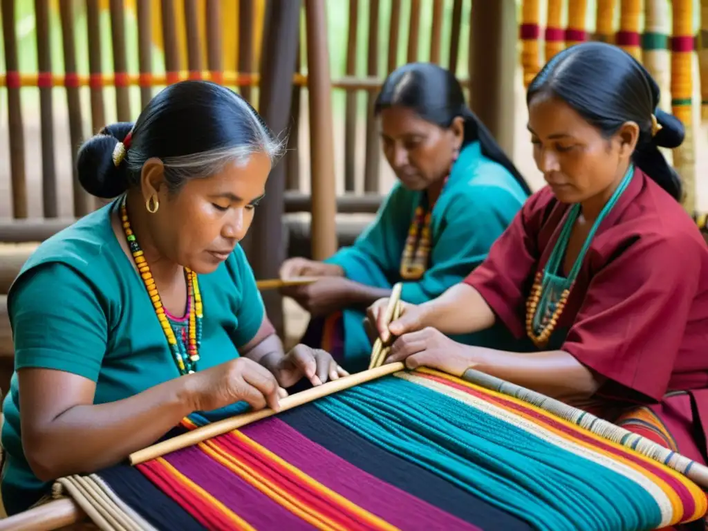 Artesanías textiles del Pacífico: Celebración cultural con artesanos tejiendo patrones vibrantes con hilos coloridos y herramientas tradicionales