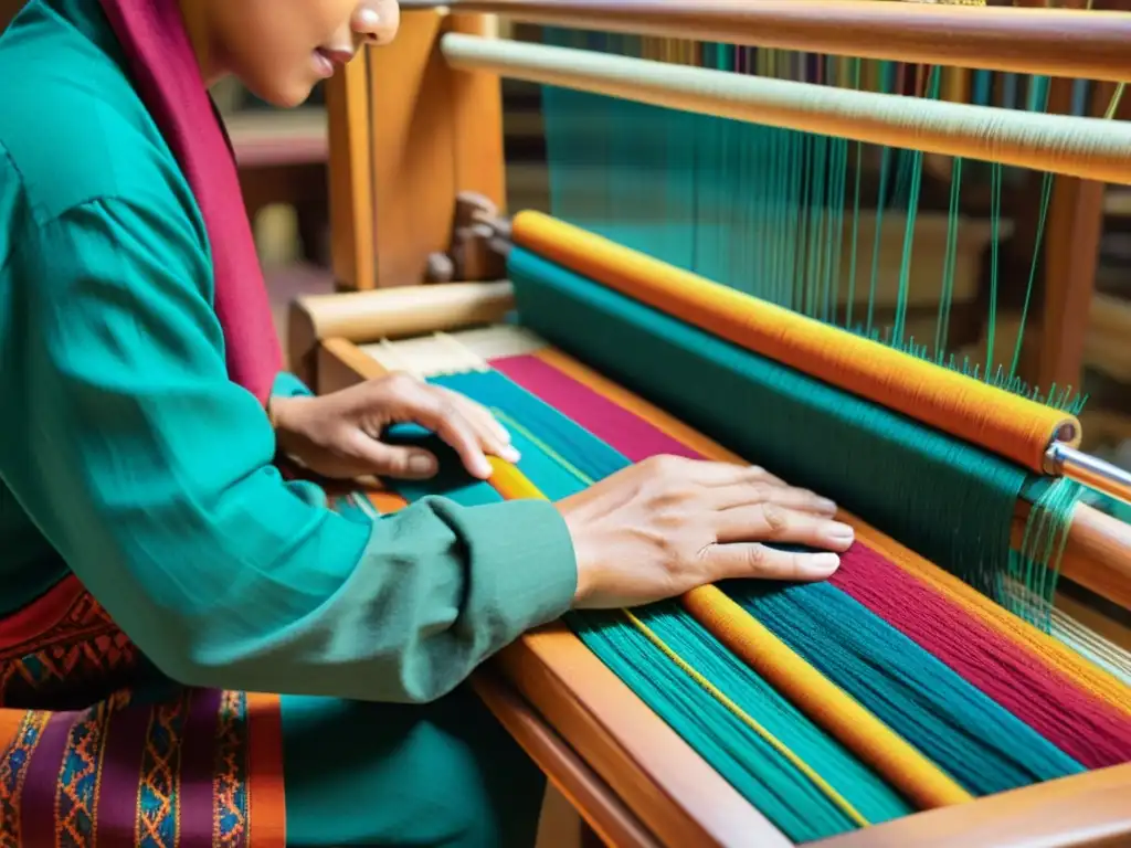 Un artesano tejiendo accesorios étnicos para transformar atuendo en un telar tradicional, rodeado de rollos de tela colorida