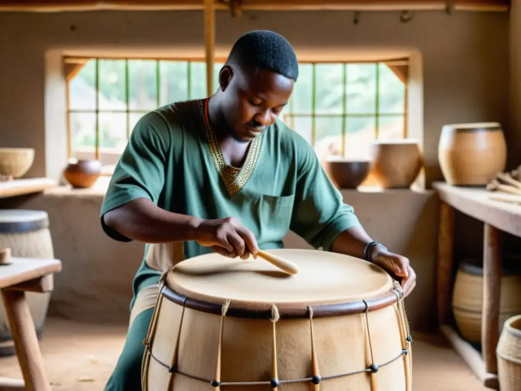 Un artesano africano hábil y detallista estira con cuidado una piel de tambor sobre un marco de madera en un taller iluminado por luz natural