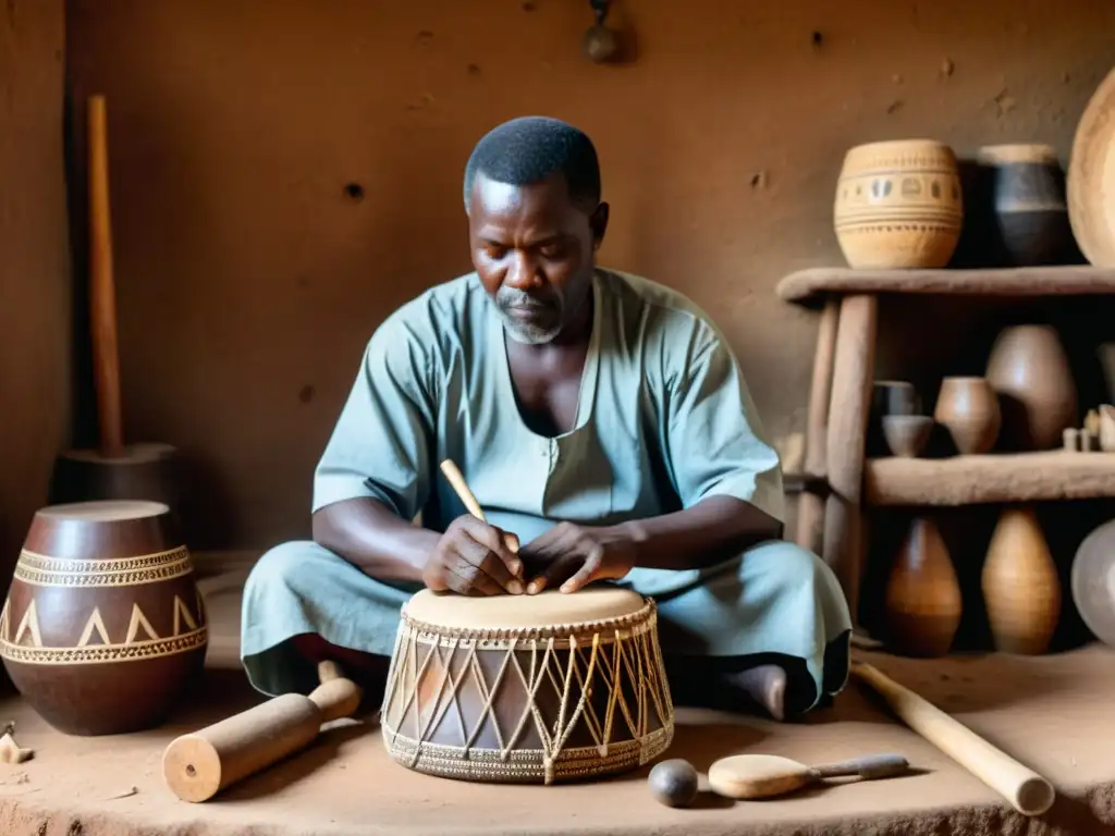 Artesano africano esculpe tambor ritual