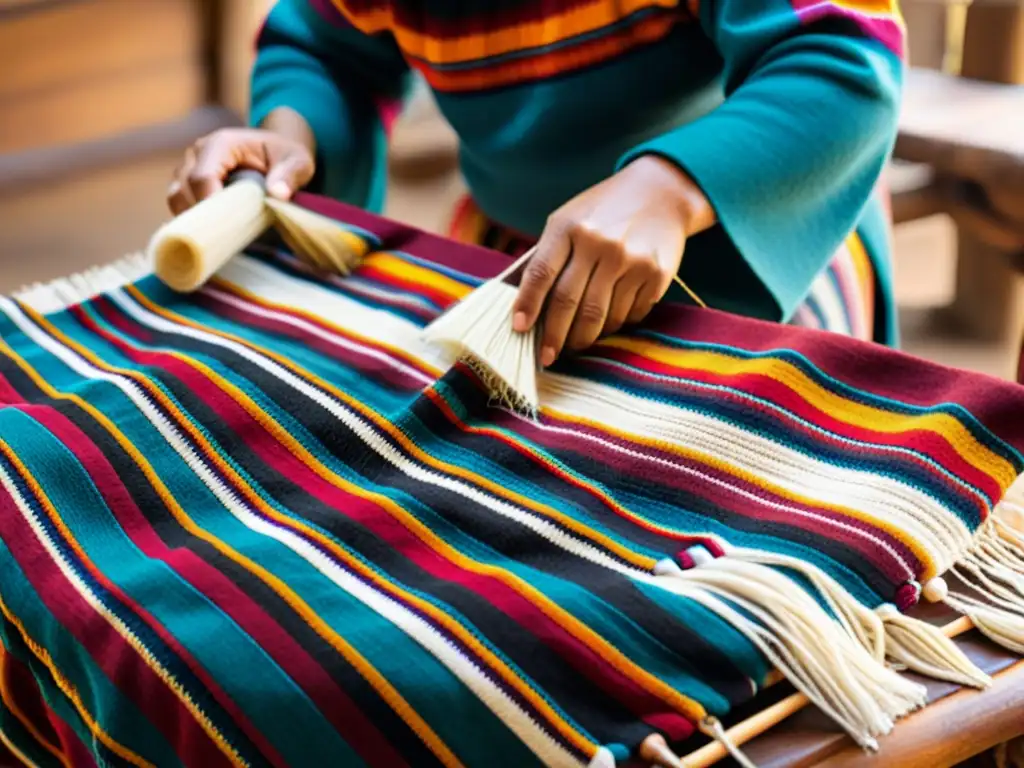 Un artesano andino teje con maestría un poncho tradicional, revelando el origen y significado del poncho andino en vibrantes colores y texturas