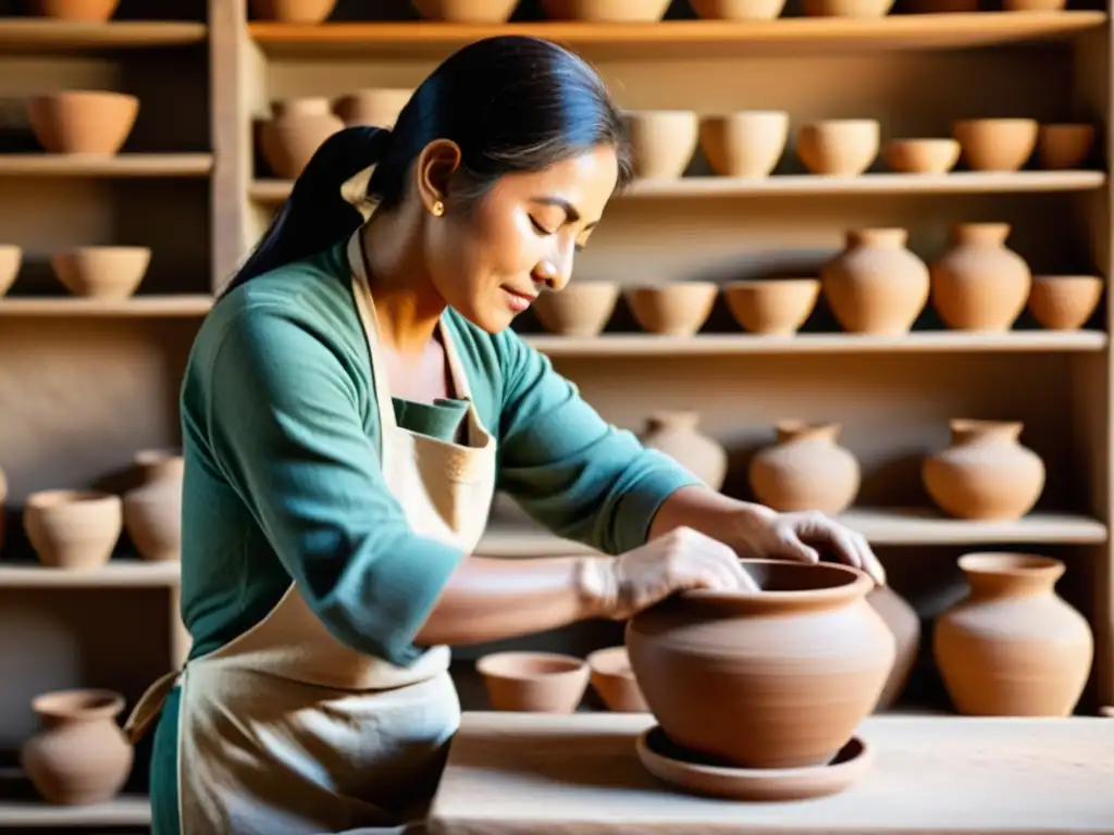 Un artesano moldea arcilla en un taller de cerámica tradicional