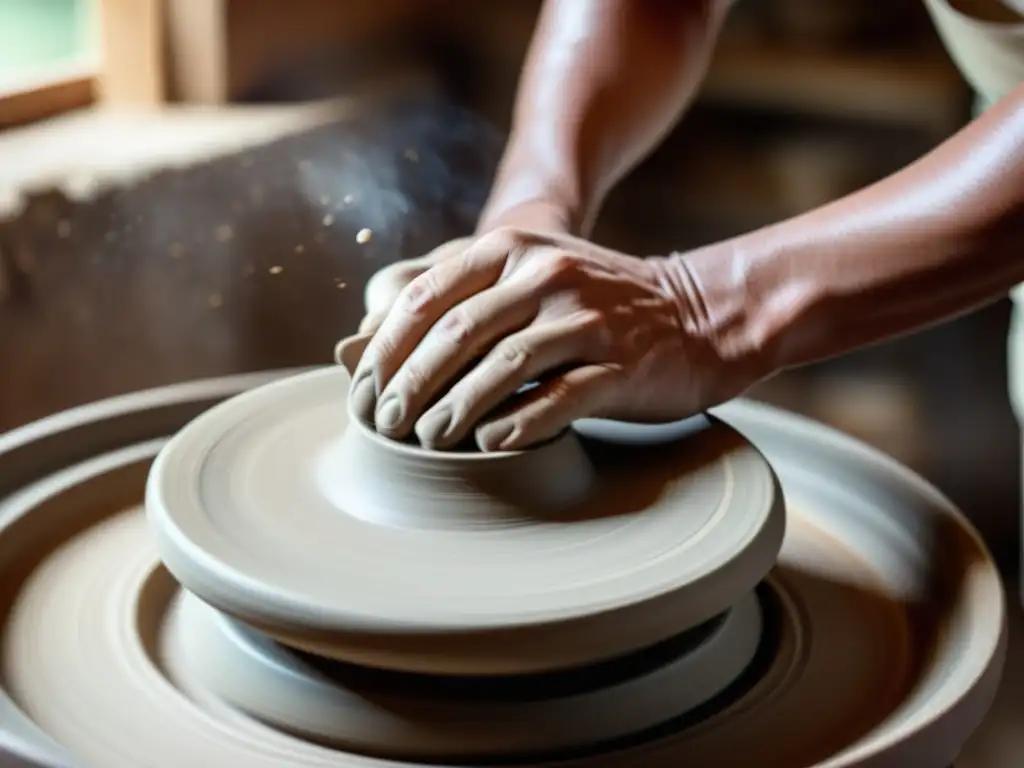 Un artesano modela arcilla en un torno, expresando precisión y dedicación