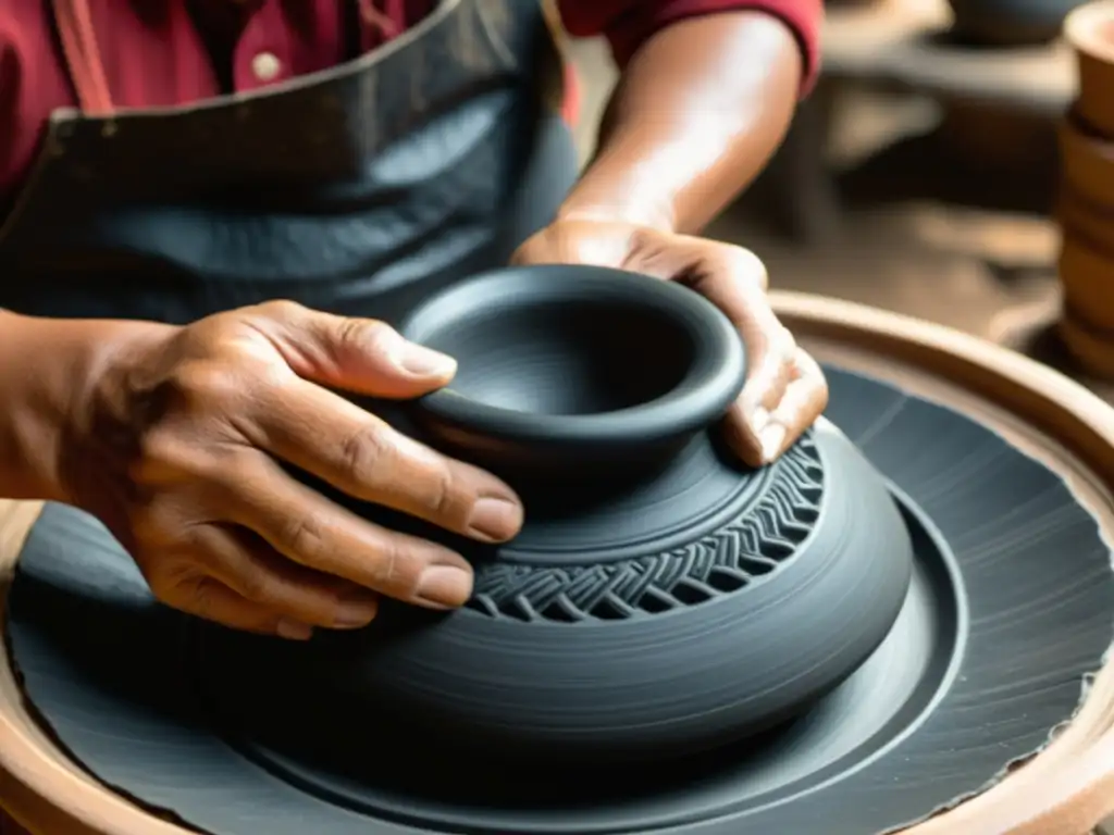 Artesano en Oaxaca moldeando barro negro, muestra tradición y destreza en alfarería