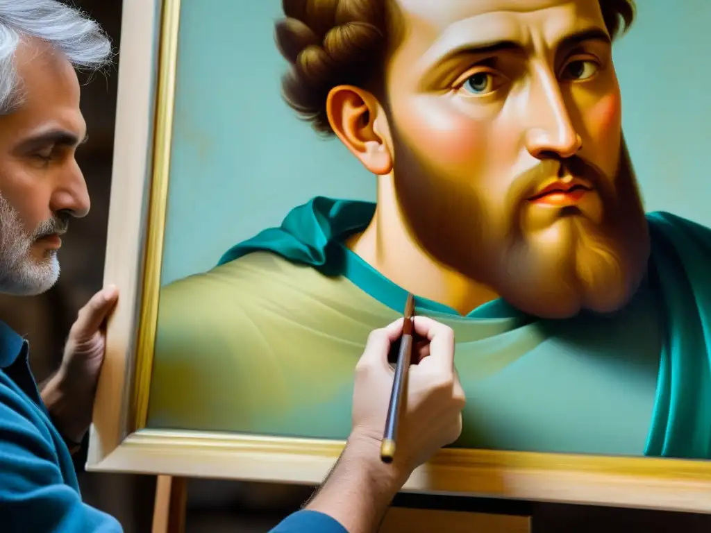 Artesano aplicando capa protectora a pintura antigua, resaltando técnicas preservación colección arte artesanía