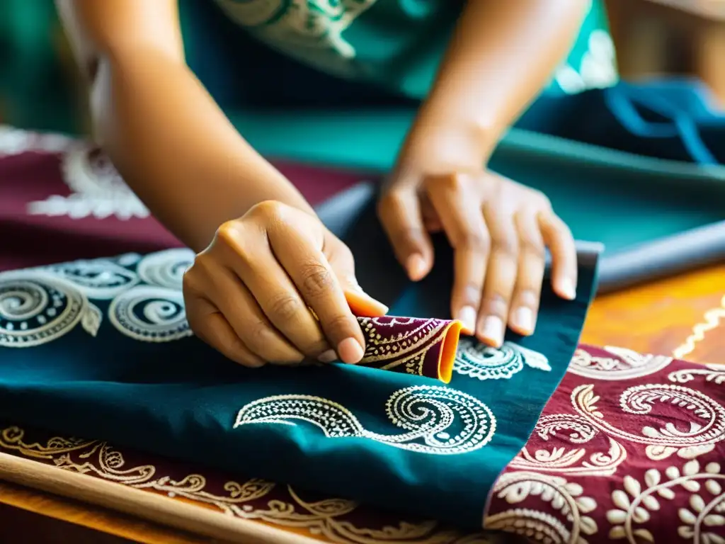 Un artesano aplica cera caliente a una tela con una herramienta canting, creando un diseño de batik