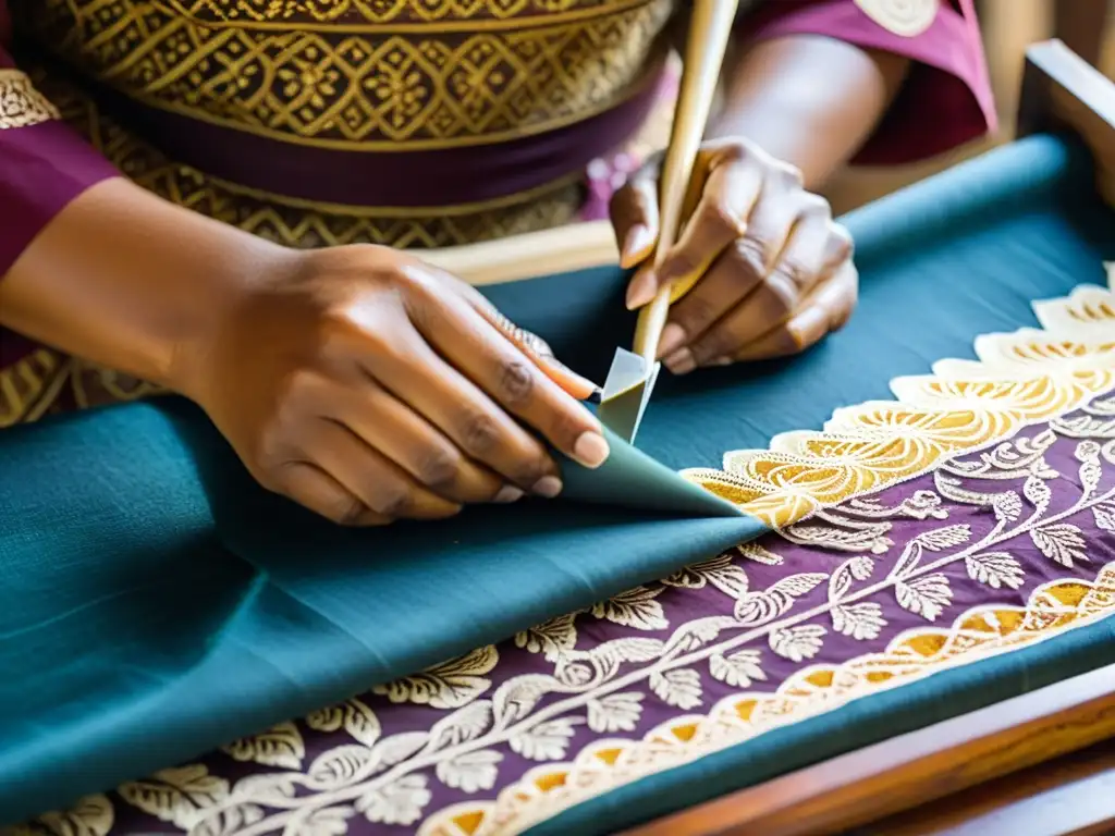 Un artesano aplicando cera caliente a la tela con un canting, creando patrones de batik