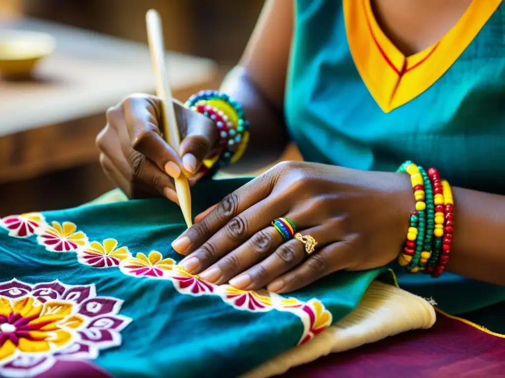 Un artesano aplica cuidadosamente cera caliente a una tela, creando patrones de batik