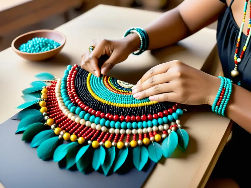 Un artesano crea un collar tribal, fusionando técnicas tradicionales con materiales contemporáneos