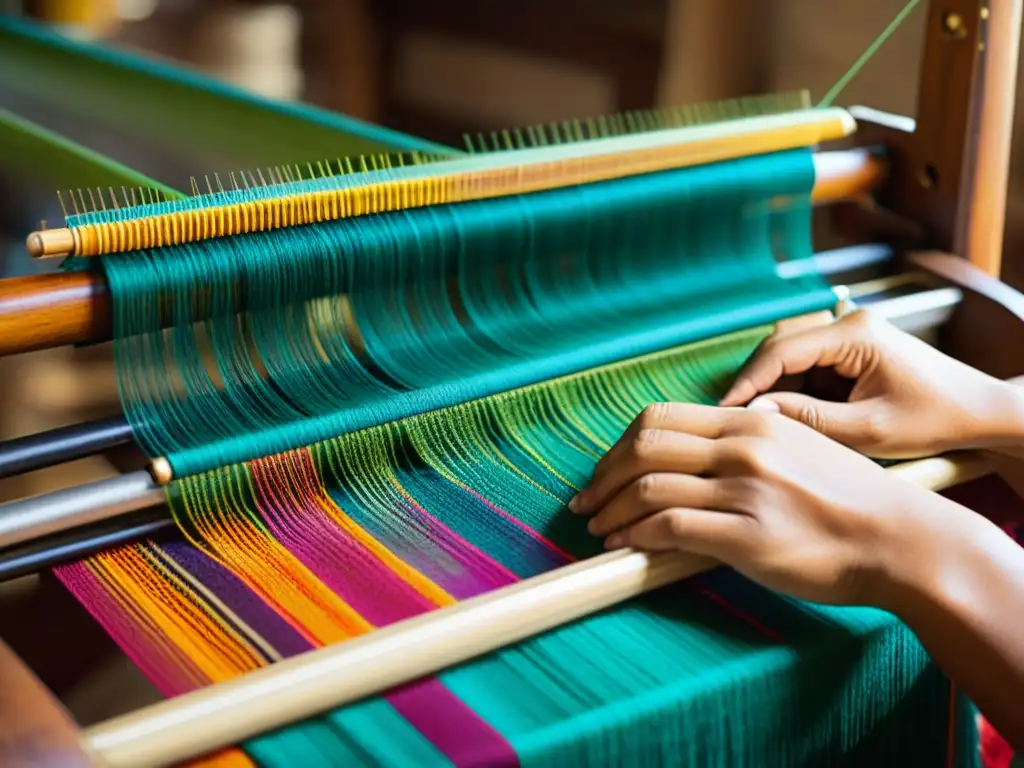 Artesano teje coloridas telas tradicionales, capturando la moda sostenible en un telar, con destreza y pasión