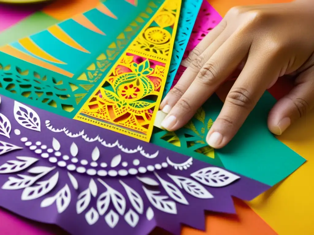 Un artesano corta papel picado con precisión en su taller artesanal, destacando la dedicación y la artesanía del taller papel picado artesanal