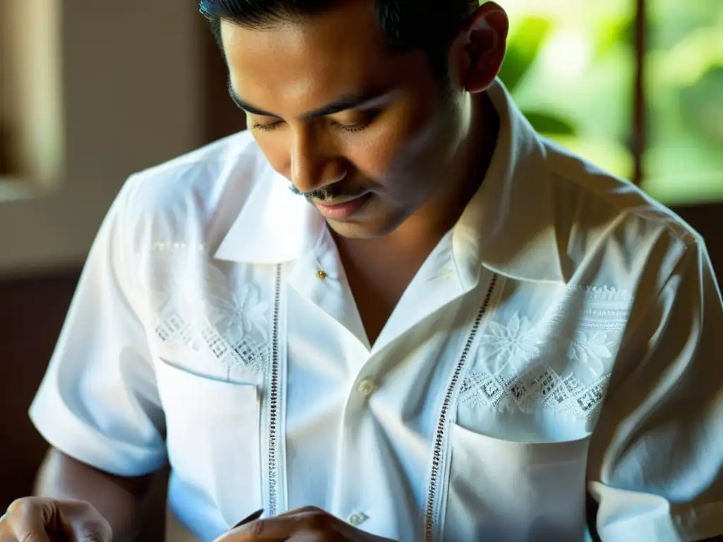 Un artesano cubano borda con destreza una guayabera blanca, destacando la tradición cultural cubana mundial