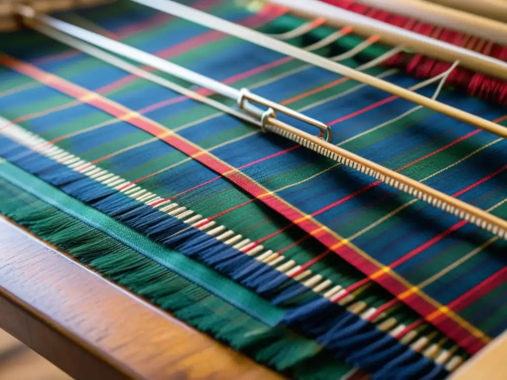 Tejido artesanal de tartán escocés en telar Artesano teje con cuidado un kilt escocés tradicional en un telar de madera, mostrando la artesanía detrás del diseño de moda inspirado en Escocia