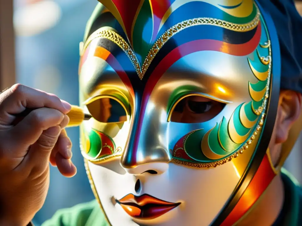 Un artesano cuidadoso pinta detalles en una máscara veneciana para Carnaval, bajo la cálida luz del sol, mostrando su habilidad y pasión