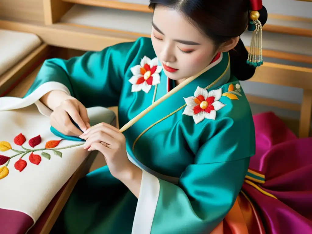 Un artesano crea con delicadeza un moderno hanbok coreano, fusionando tradición e innovación en la moda del siglo XXI