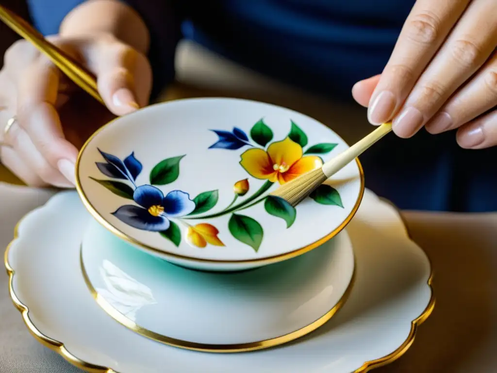 Artesano aplicando delicados diseños a mano en porcelana de Limoges: Tradición artesanal francesa