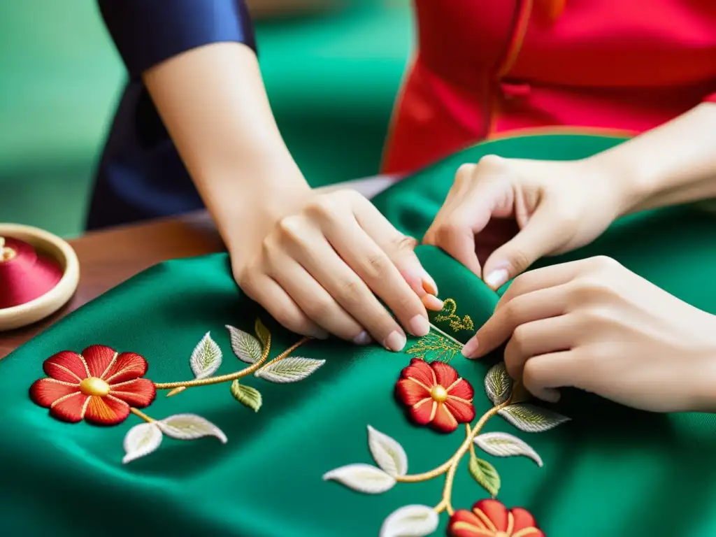 Un artesano bordando con destreza un Cheongsam tradicional, mostrando su significado y evolución con meticulosidad y elegancia