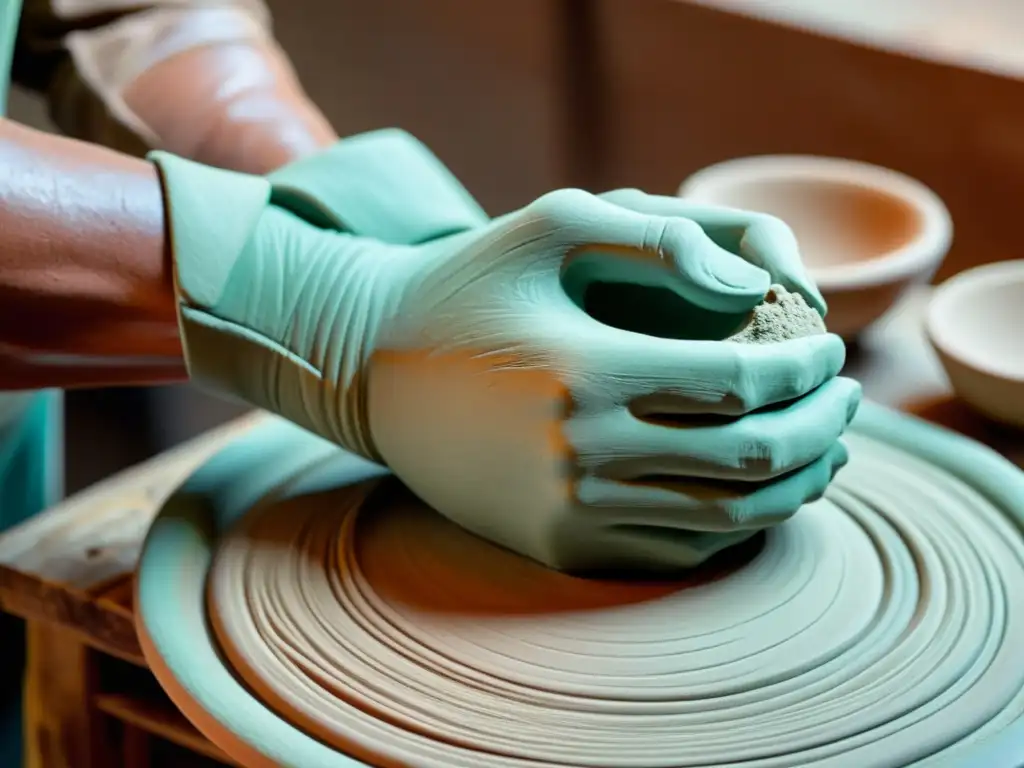 Artesano moldeando delicadamente una escultura de cerámica figurativa Un artesano moldea con destreza una escultura de cerámica figurativa tradicional en su taller