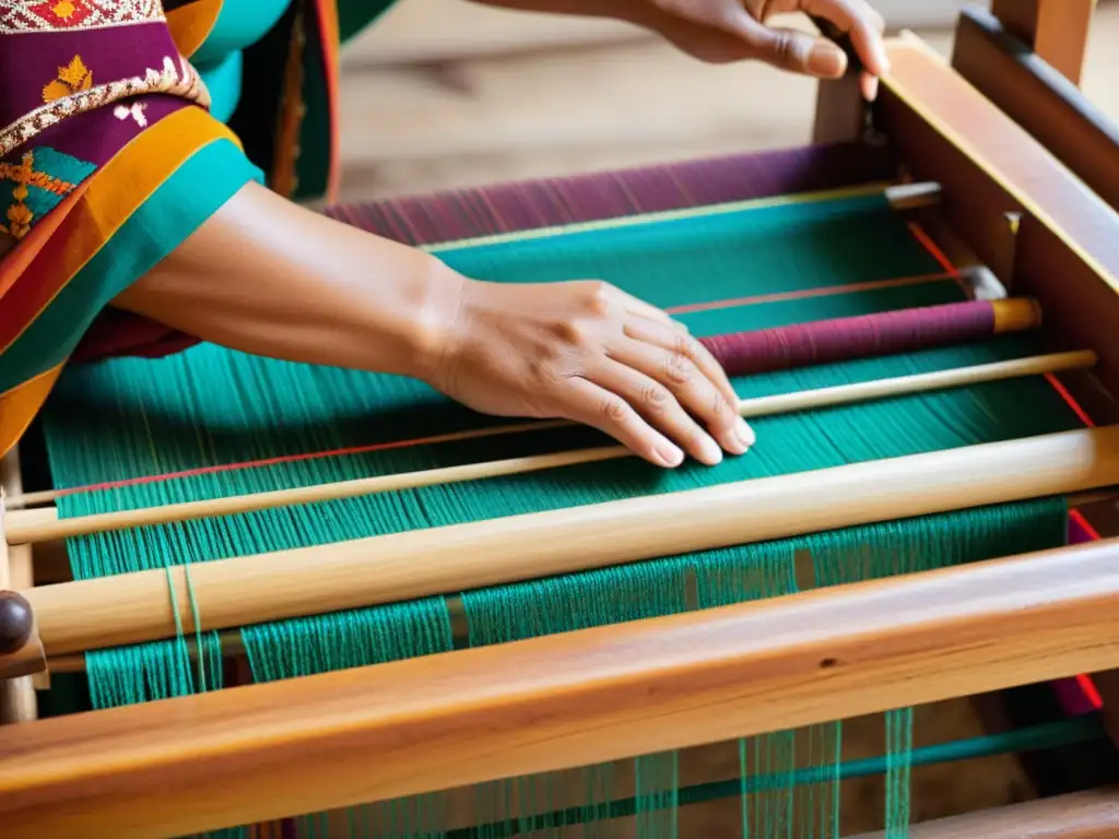 Un artesano teje con destreza exquisitas artesanías étnicas en un telar de madera tradicional