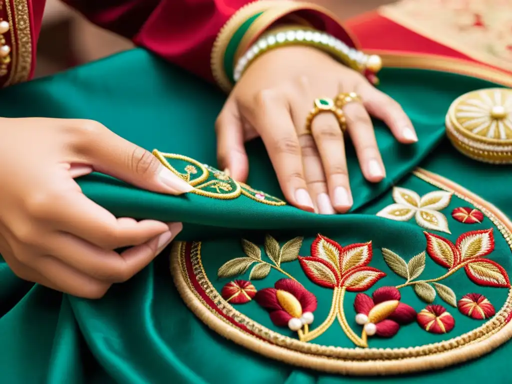 Un artesano borda con destreza patrones en una tela lujosa, mostrando la herencia cultural en la moda