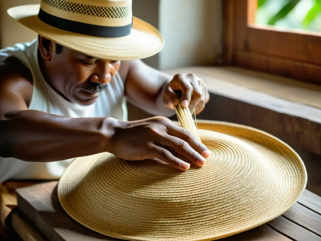 Un artesano en Panamá teje con destreza un sombrero de paja, iluminado por la cálida luz del sol