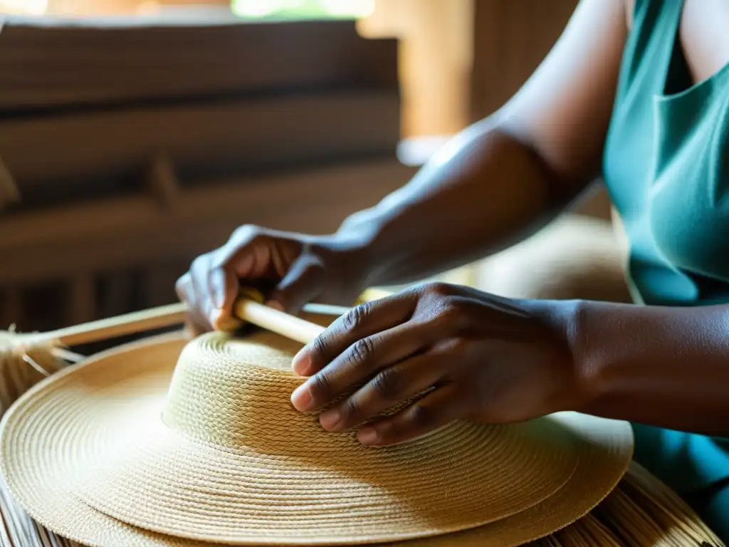 Un artesano en Panamá teje con destreza un sombrero de paja, rodeado de luz natural y tradición